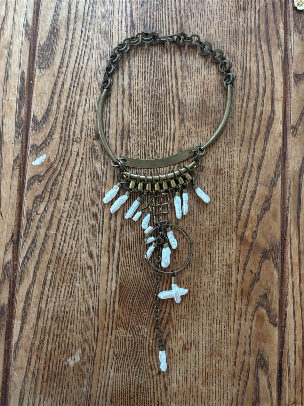 Michelle Ross Antique Brass Pendant Necklace with White Shell Accents